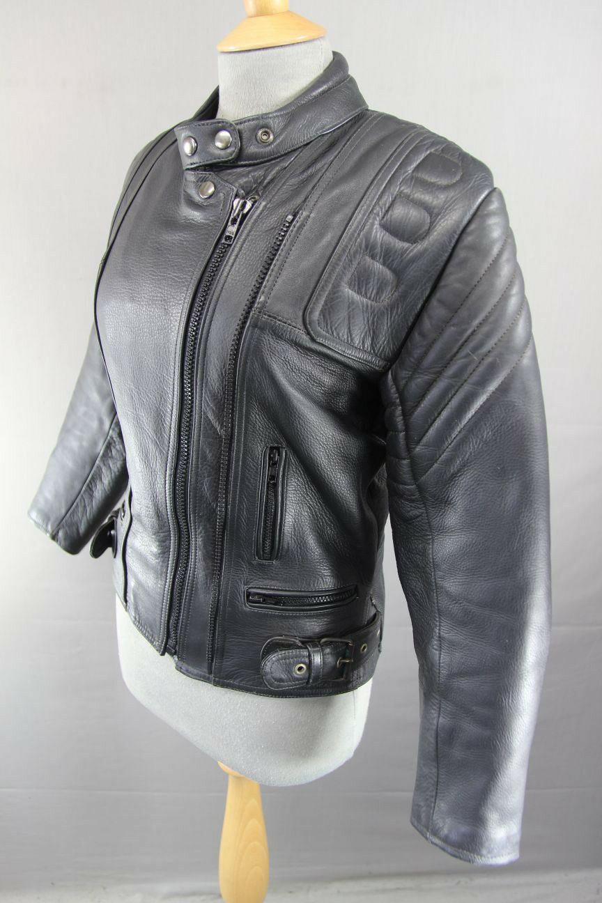 CLASSIC EURO STYLE BLACK LEATHER BIKER JACKET SIZE 12