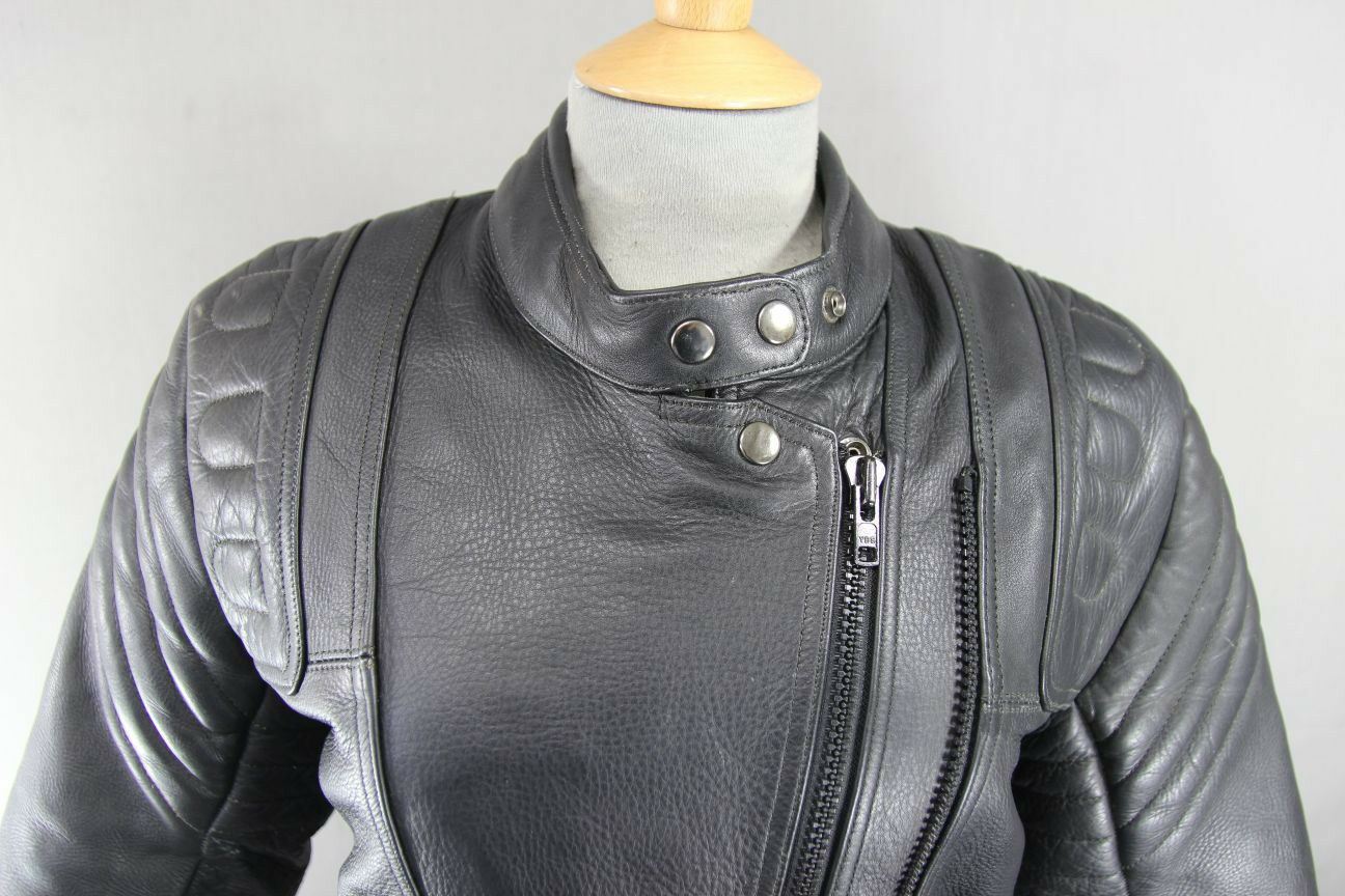 CLASSIC EURO STYLE BLACK LEATHER BIKER JACKET SIZE 12