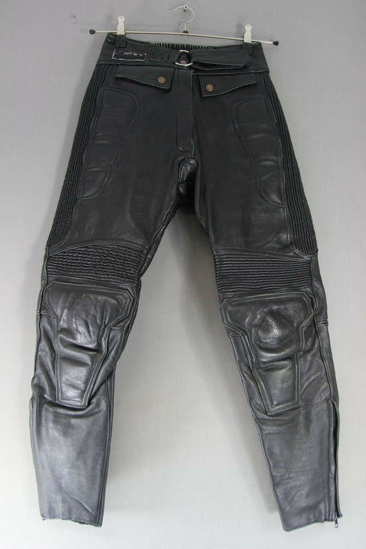 SPORTEX DOLOMITE BLACK LEATHER BIKER TROUSERS - SIZE 12:WAIST 26"/INSIDE LEG 27"