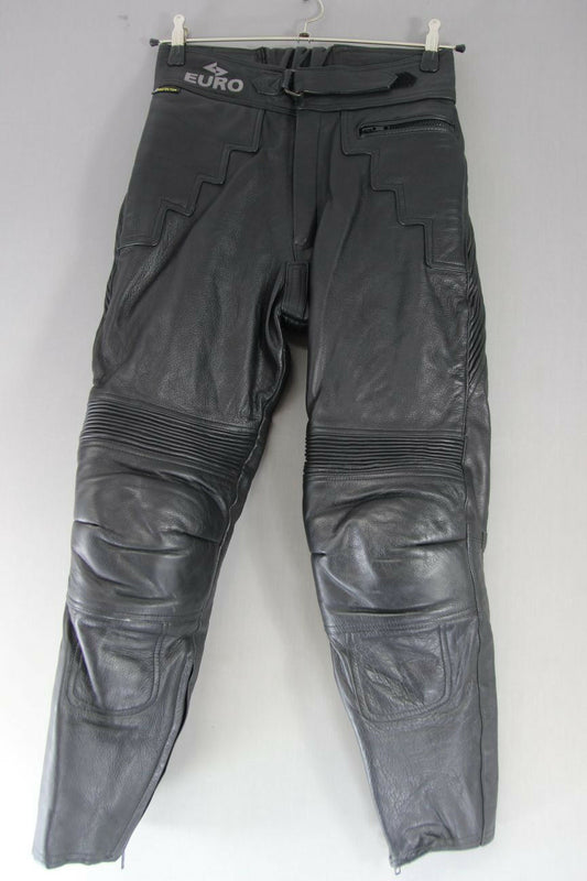 EURO STYLE BLACK LEATHER BIKER TROUSERS + CE ARMOUR: WAIST 30IN/INSIDE LEG 27IN