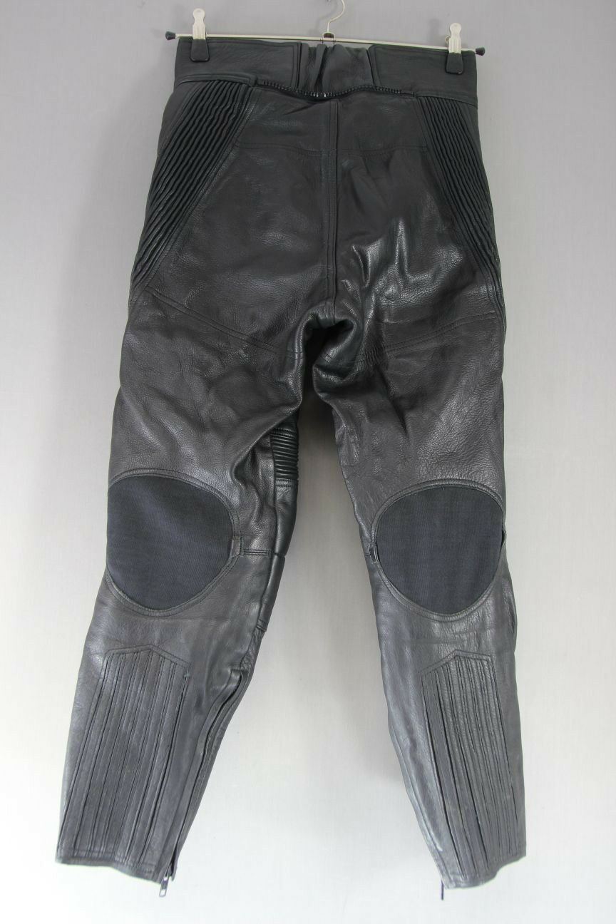 EURO STYLE BLACK LEATHER BIKER TROUSERS + CE ARMOUR: WAIST 30IN/INSIDE LEG 27IN