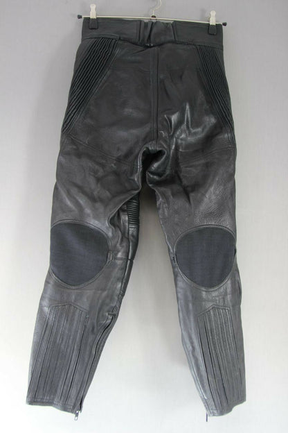 EURO STYLE BLACK LEATHER BIKER TROUSERS + CE ARMOUR: WAIST 30IN/INSIDE LEG 27IN
