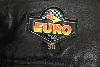 EURO STYLE BLACK LEATHER BIKER TROUSERS + CE ARMOUR: WAIST 30IN/INSIDE LEG 27IN