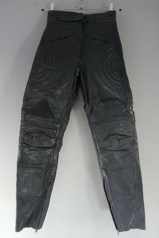 J&S CLASSIC BLACK LEATHER BIKER TROUSERS SIZE 10: WAIST 28 IN/INSIDE LEG 27.5 IN