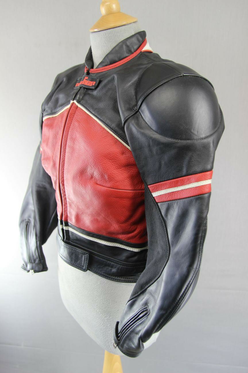SCHWABENLEDER BLACK, RED & WHITE LEATHER WOMEN'S/GIRL'S BIKER JACKET 32 INCH