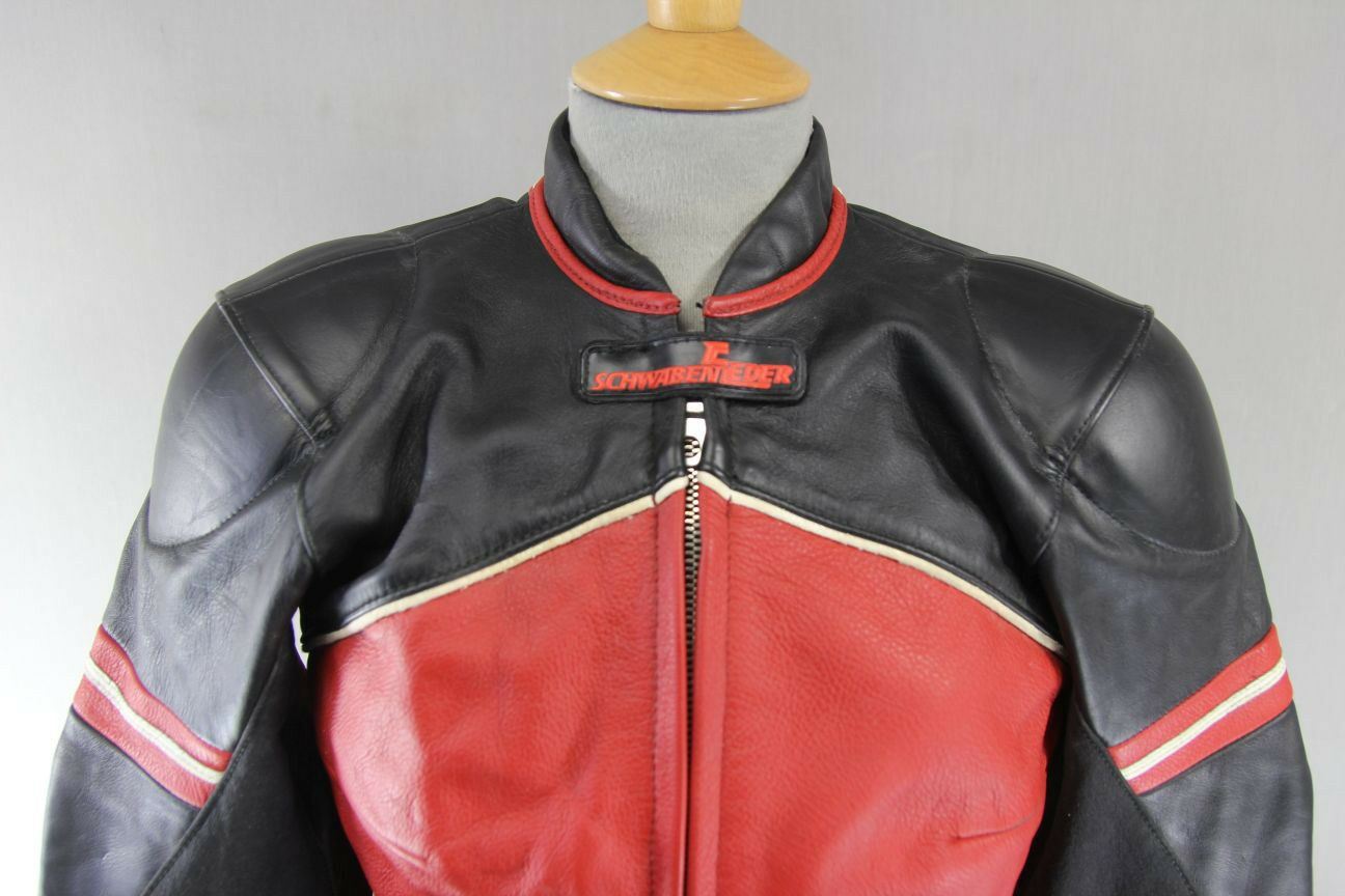 SCHWABENLEDER BLACK, RED & WHITE LEATHER WOMEN'S/GIRL'S BIKER JACKET 32 INCH