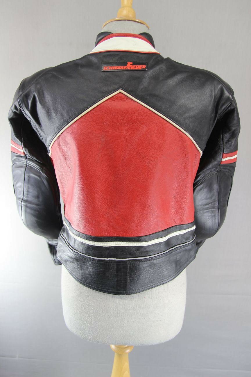 SCHWABENLEDER BLACK, RED & WHITE LEATHER WOMEN'S/GIRL'S BIKER JACKET 32 INCH