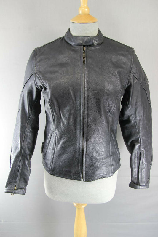 EXERO BLACK LEATHER BIKER JACKET WITH SHOULDER & ELBOW CE PROTECTORS: SIZE 10
