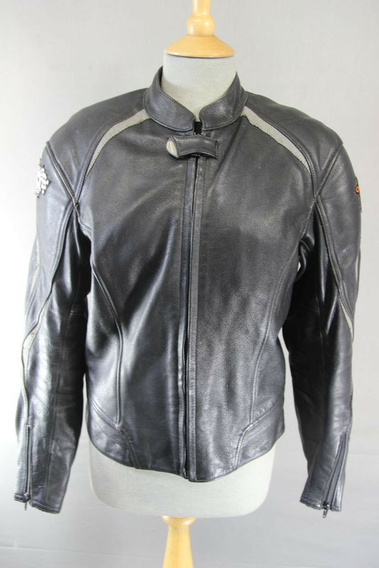 HEIN GERICKE BLACK LEATHER BIKER JACKET  WITH CE HIPROTEC PROTECTORS: SIZE 14