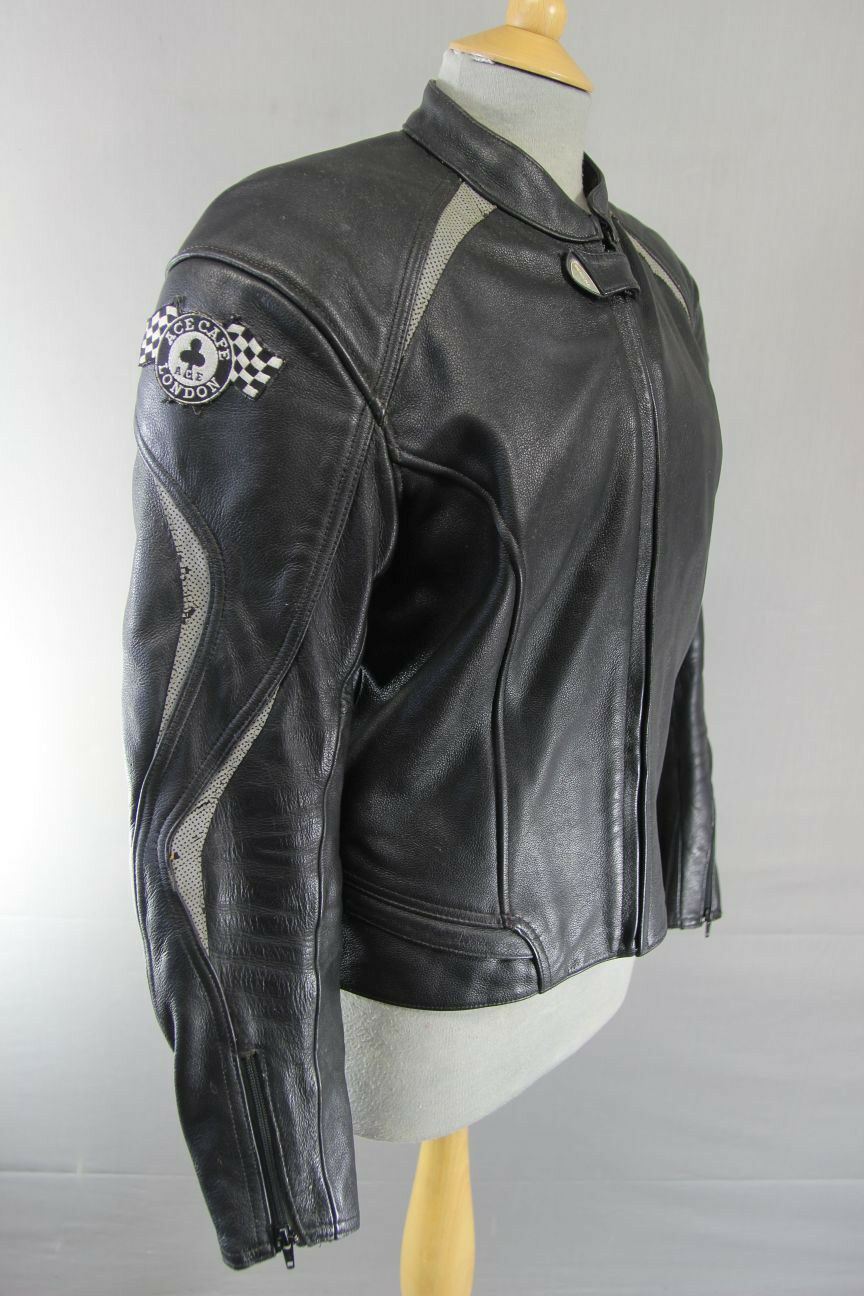 HEIN GERICKE BLACK LEATHER BIKER JACKET  WITH CE HIPROTEC PROTECTORS: SIZE 14