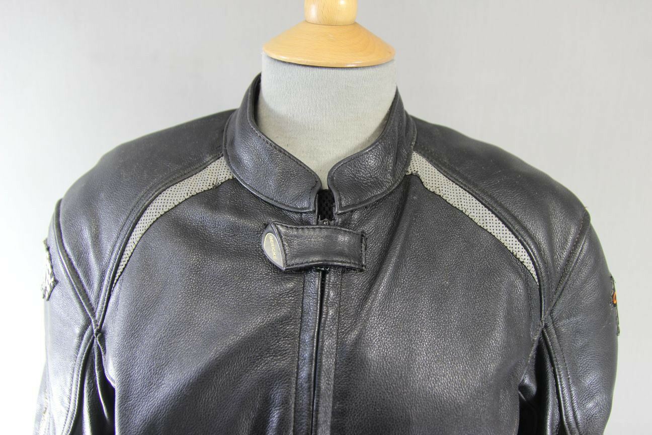 HEIN GERICKE BLACK LEATHER BIKER JACKET  WITH CE HIPROTEC PROTECTORS: SIZE 14