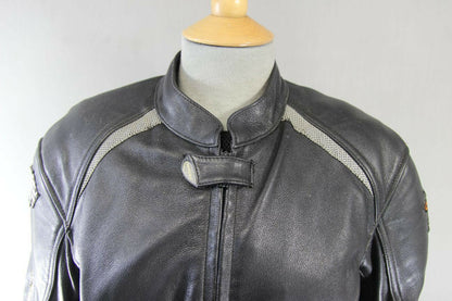HEIN GERICKE BLACK LEATHER BIKER JACKET  WITH CE HIPROTEC PROTECTORS: SIZE 14