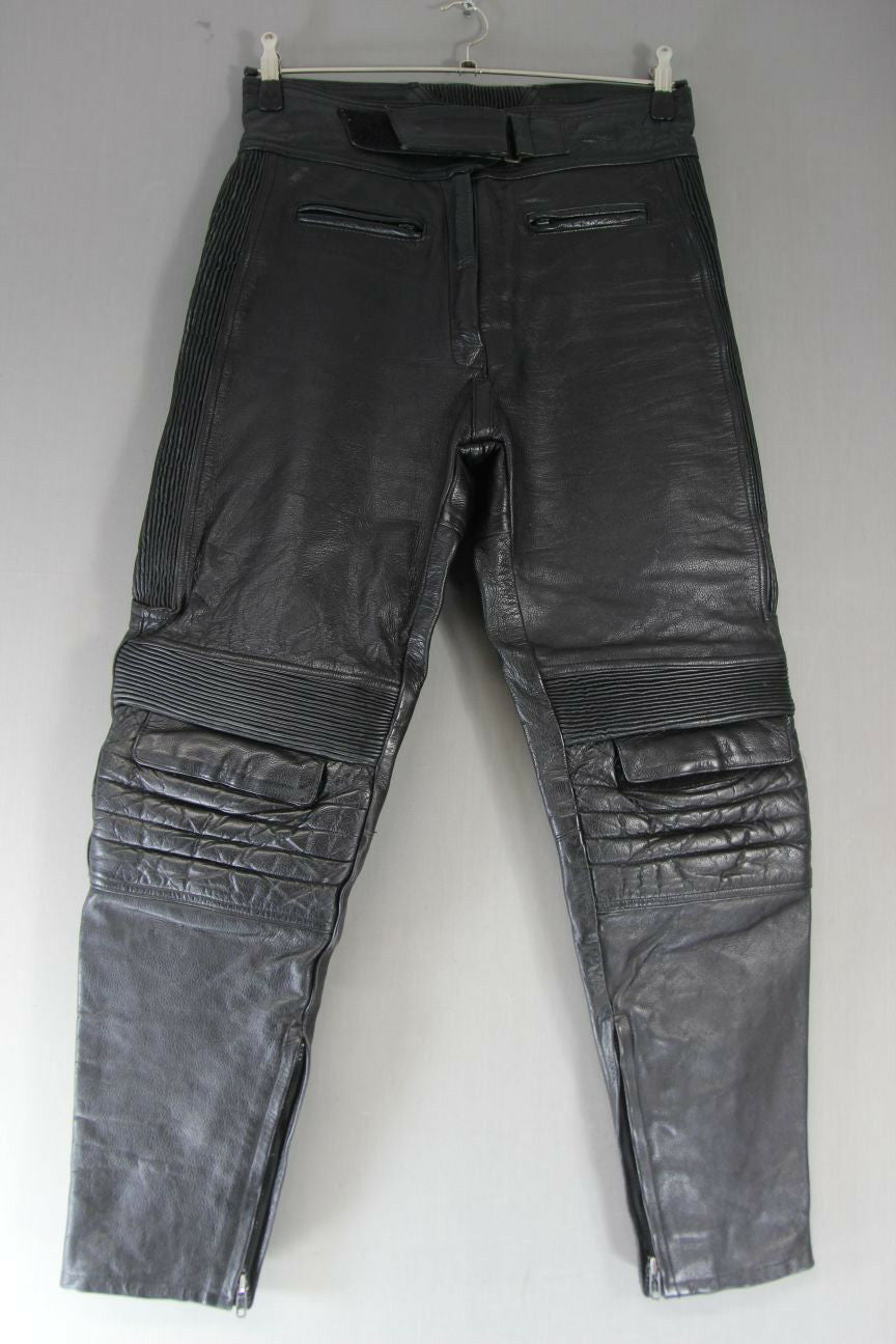 RIDERZ BLACK LEATHER BIKER TROUSERS SIZE 12: WAIST 32 INCH/INSIDE LEG 29 INCH