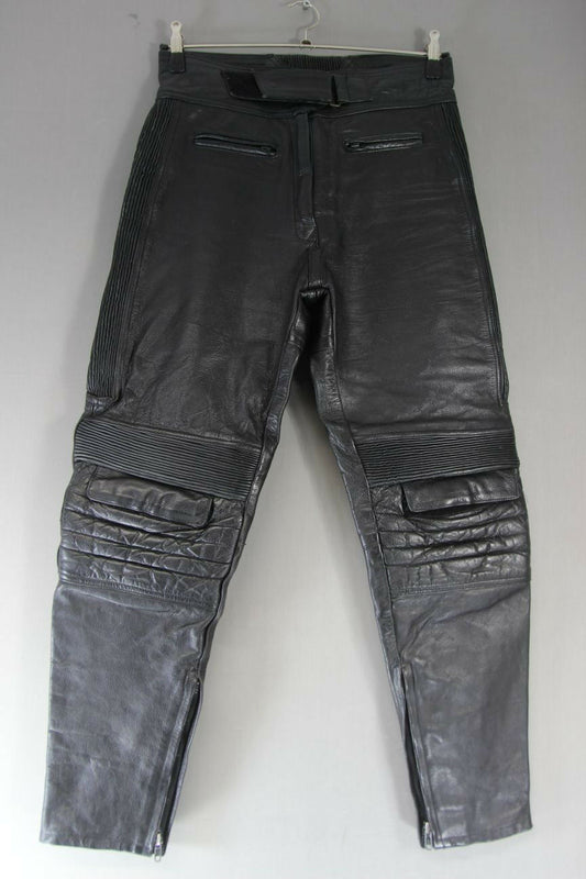 RIDERZ BLACK LEATHER BIKER TROUSERS SIZE 12: WAIST 32 INCH/INSIDE LEG 29 INCH