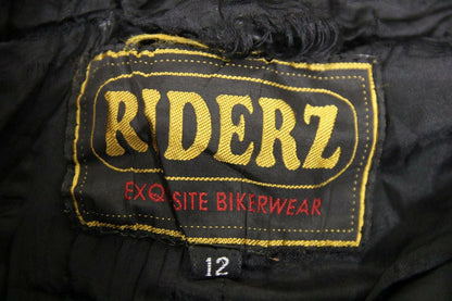 RIDERZ BLACK LEATHER BIKER TROUSERS SIZE 12: WAIST 32 INCH/INSIDE LEG 29 INCH