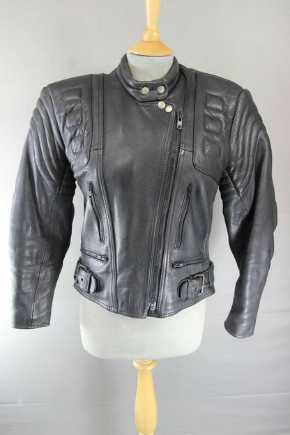 CLASSIC BLACK J&S LEATHERS BIKER JACKET SIZE 12