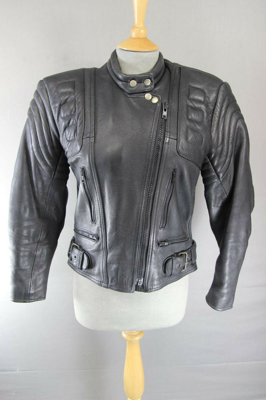 CLASSIC BLACK J&S LEATHERS BIKER JACKET SIZE 12