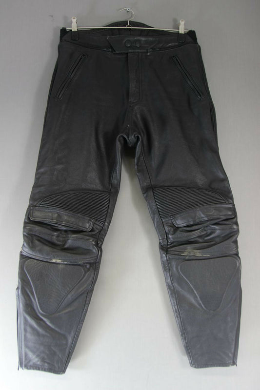 RIDER BLACK LEATHER BIKER TROUSERS: WAIST 32 INCHES/INSIDE LEG 29 INCHES