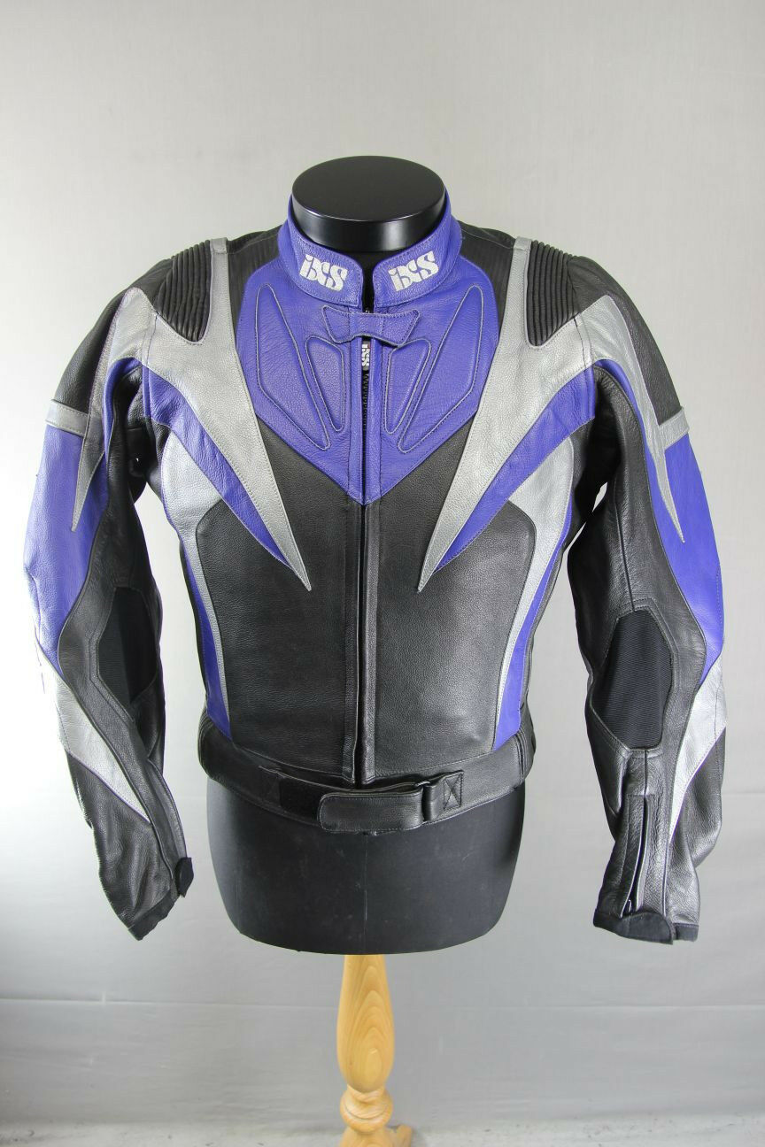 IXS BLACK, BLUE & SILVER LEATHER BIKER JACKET + CE ARMOUR & THERMAL LINING 38 IN