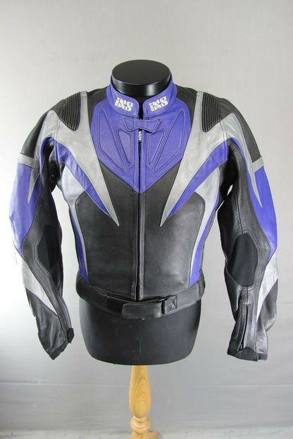 IXS BLACK, BLUE & SILVER LEATHER BIKER JACKET + CE ARMOUR & THERMAL LINING 38 IN