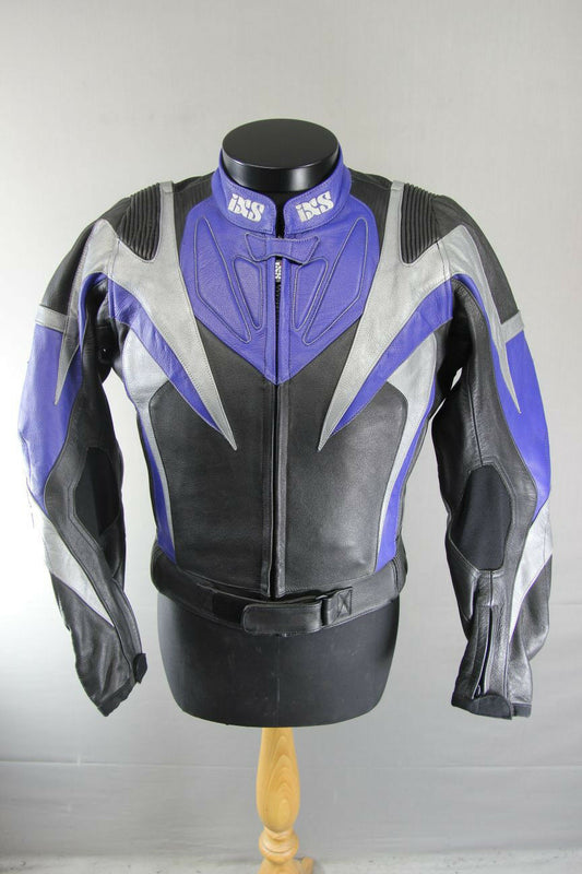 IXS BLACK, BLUE & SILVER LEATHER BIKER JACKET + CE ARMOUR & THERMAL LINING 38 IN