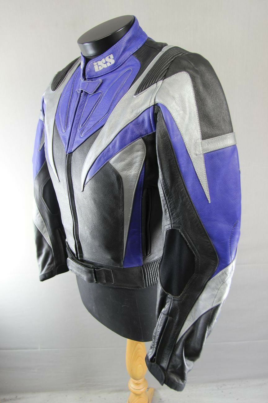 IXS BLACK, BLUE & SILVER LEATHER BIKER JACKET + CE ARMOUR & THERMAL LINING 38 IN