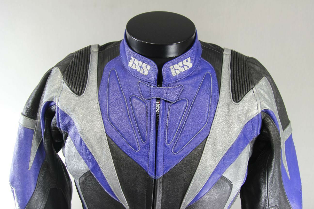 IXS BLACK, BLUE & SILVER LEATHER BIKER JACKET + CE ARMOUR & THERMAL LINING 38 IN