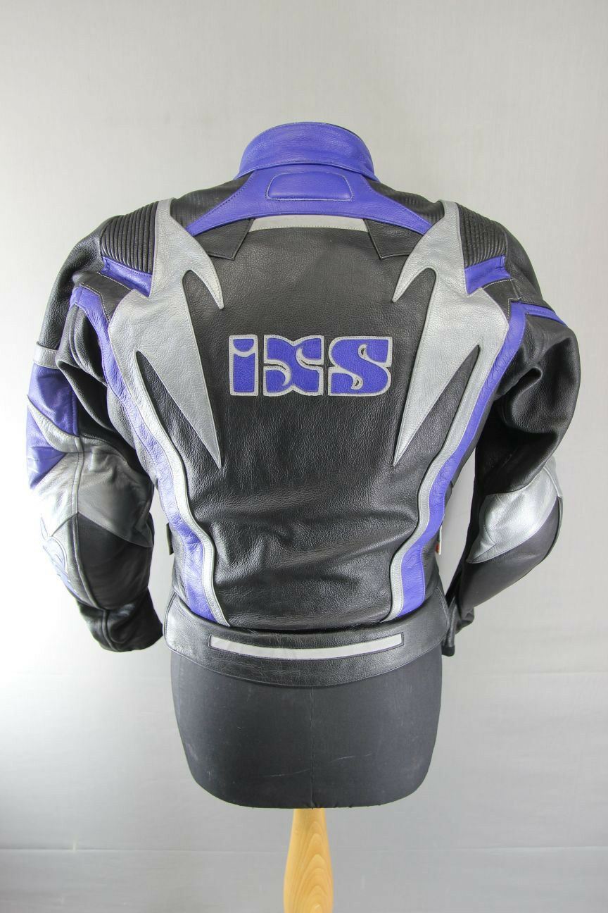 IXS BLACK, BLUE & SILVER LEATHER BIKER JACKET + CE ARMOUR & THERMAL LINING 38 IN