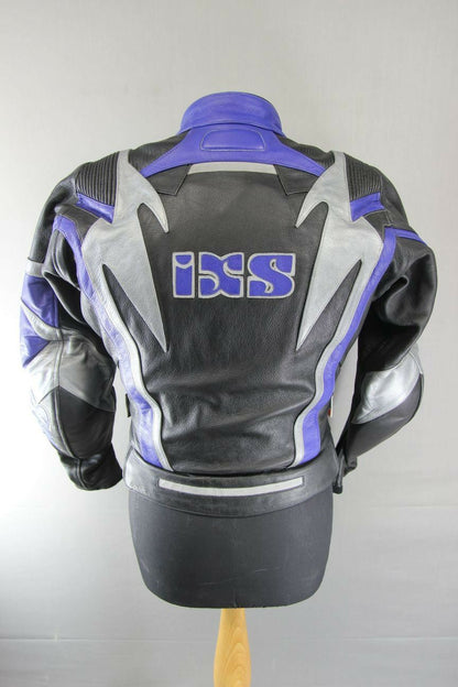 IXS BLACK, BLUE & SILVER LEATHER BIKER JACKET + CE ARMOUR & THERMAL LINING 38 IN