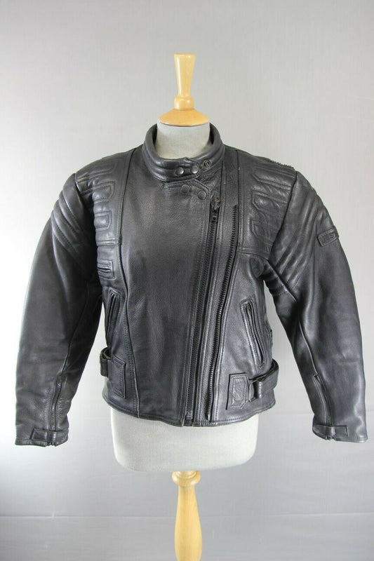 JUST BIKERS CLASSIC BLACK LEATHER BIKER JACKET: SIZE 12