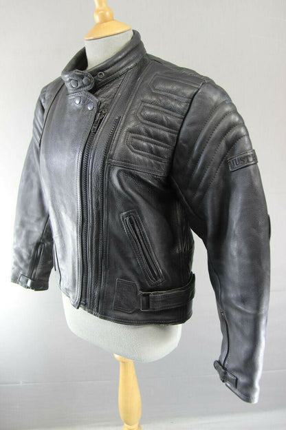 JUST BIKERS CLASSIC BLACK LEATHER BIKER JACKET: SIZE 12