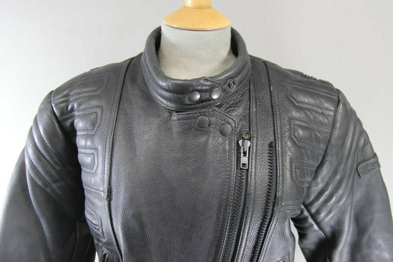 JUST BIKERS CLASSIC BLACK LEATHER BIKER JACKET: SIZE 12