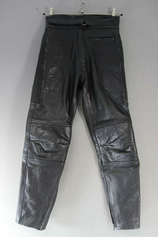 RHINO BLACK COWHIDE LEATHER BIKER TROUSERS SIZE 12: WAIST 28/INSIDE LEG 28.5 IN