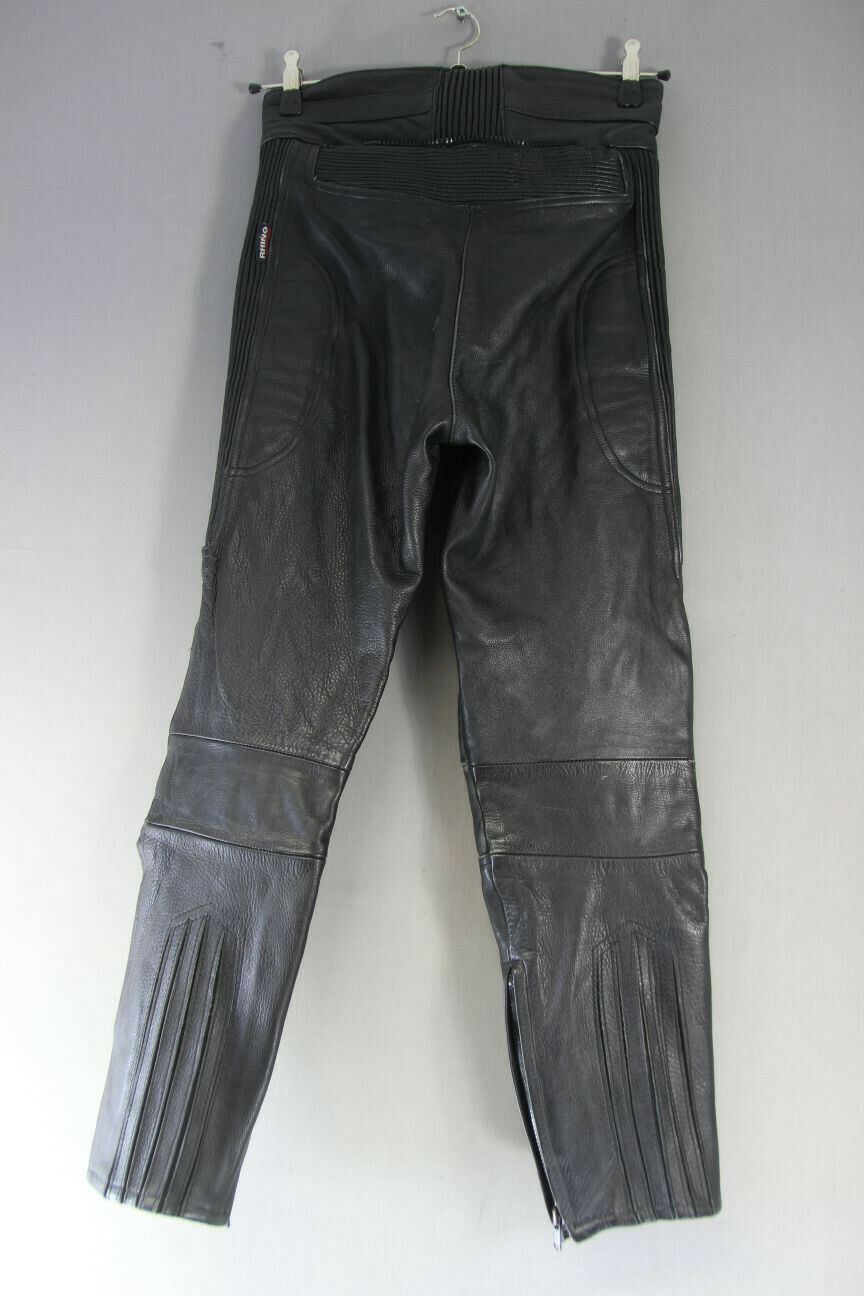 RHINO BLACK COWHIDE LEATHER BIKER TROUSERS SIZE 12: WAIST 28/INSIDE LEG 28.5 IN