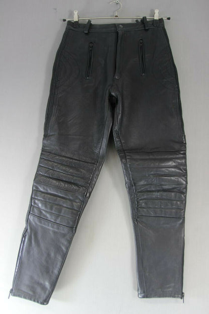 CLASSIC BLACK LEATHER BIKER TROUSERS: SMALL/WAIST 28 INCHES/INSIDE LEG 30 INCHES