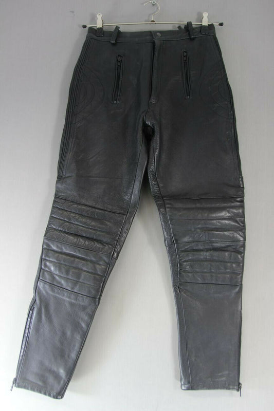 CLASSIC BLACK LEATHER BIKER TROUSERS: SMALL/WAIST 28 INCHES/INSIDE LEG 30 INCHES