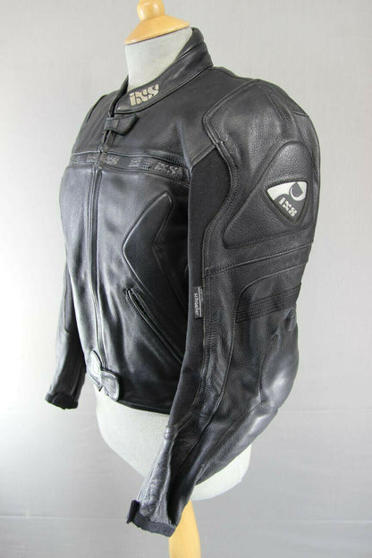 IXS BLACK LEATHER BIKER JACKET WITH REMOVABLE CE ARMOUR & THERMAL LINING 38 INCH