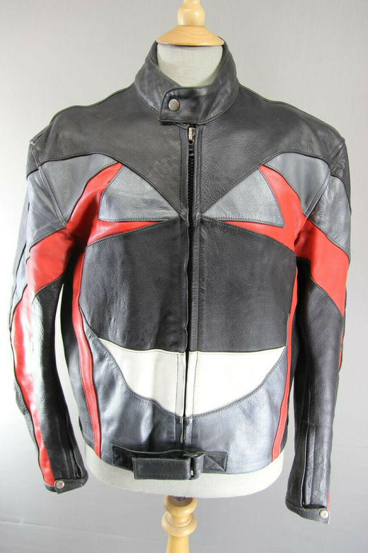 BLACK, SILVER, RED & WHITE LEATHER BIKER JACKET 42-44 INCH/LARGE