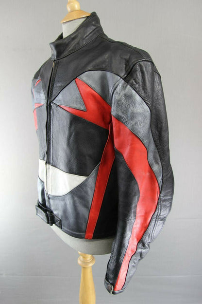 BLACK, SILVER, RED & WHITE LEATHER BIKER JACKET 42-44 INCH/LARGE