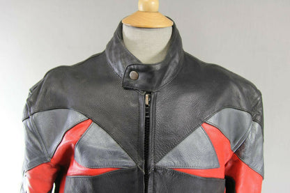 BLACK, SILVER, RED & WHITE LEATHER BIKER JACKET 42-44 INCH/LARGE