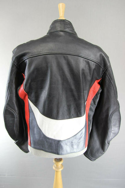 BLACK, SILVER, RED & WHITE LEATHER BIKER JACKET 42-44 INCH/LARGE