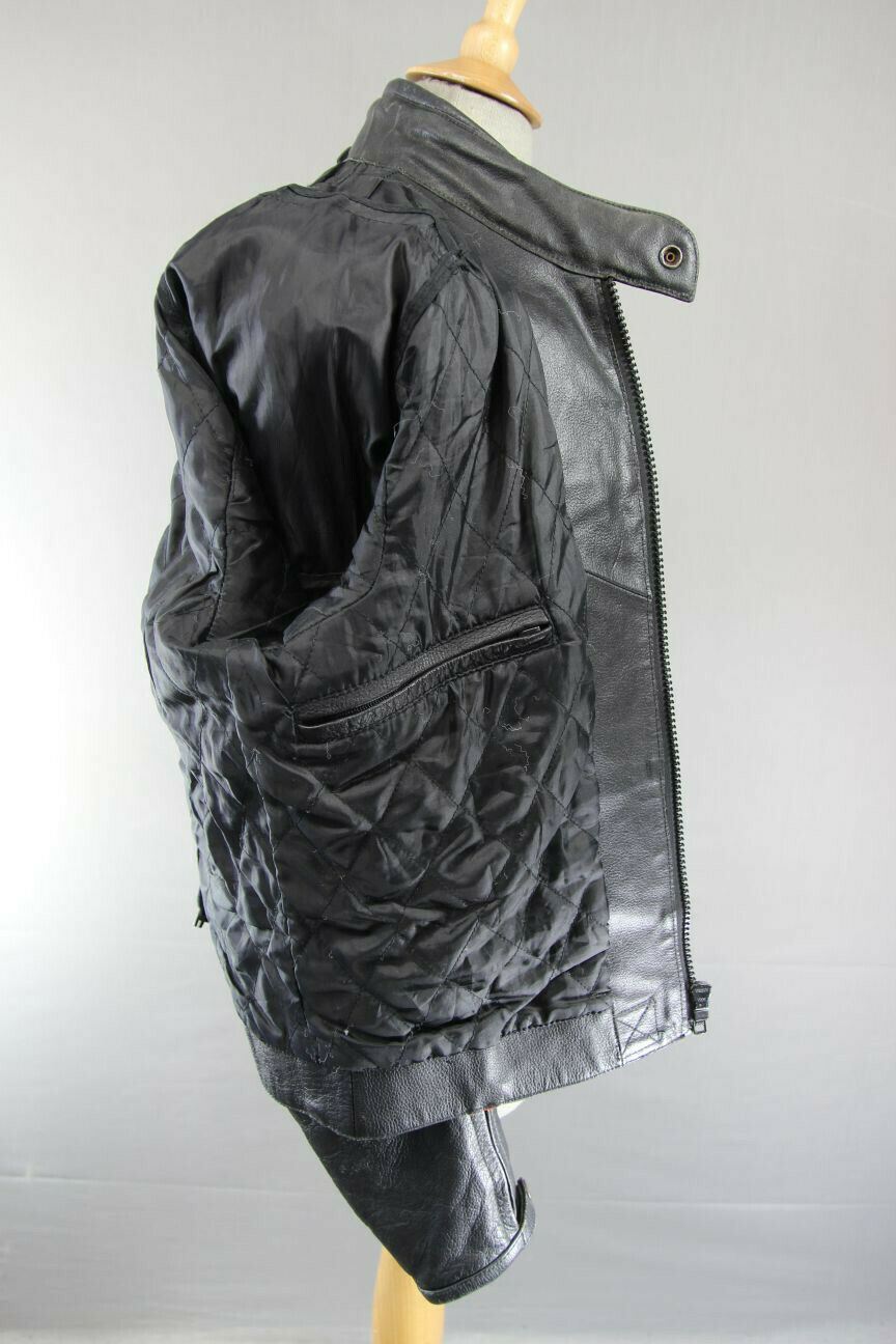 BLACK, SILVER, RED & WHITE LEATHER BIKER JACKET 42-44 INCH/LARGE