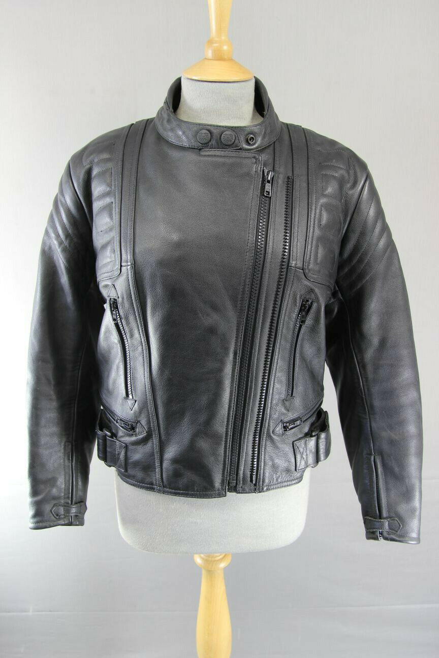 CLASSIC RIDER BLACK LEATHER BIKER JACKET WITH CE ARMOUR SIZE 12/EUROPEAN SIZE 38