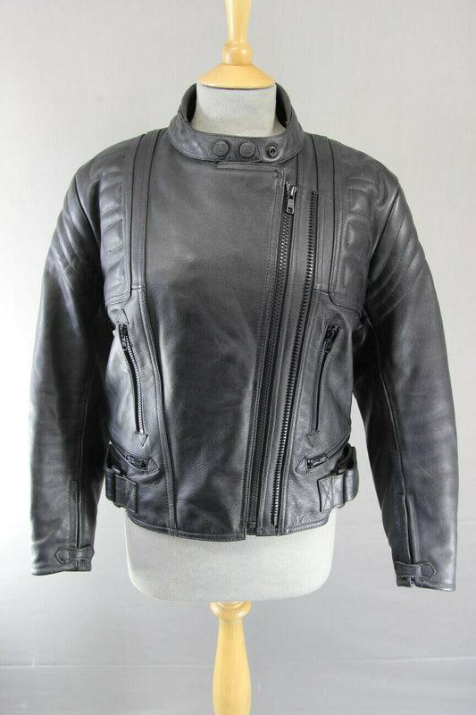 CLASSIC RIDER BLACK LEATHER BIKER JACKET WITH CE ARMOUR SIZE 12/EUROPEAN SIZE 38