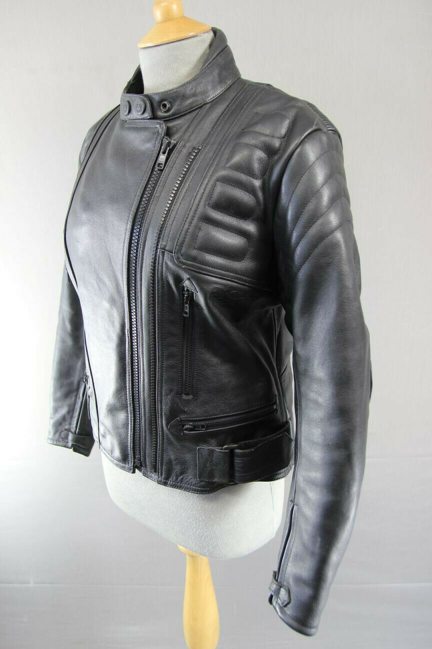 CLASSIC RIDER BLACK LEATHER BIKER JACKET WITH CE ARMOUR SIZE 12/EUROPEAN SIZE 38