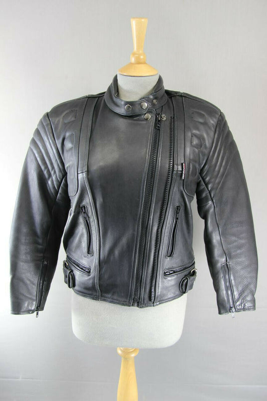 BRITISH DESIGNED & STYLED RHINO BLACK COWHIDE LEATHER BIKER JACKET: SIZE 12