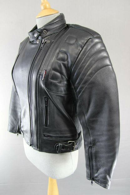 BRITISH DESIGNED & STYLED RHINO BLACK COWHIDE LEATHER BIKER JACKET: SIZE 12
