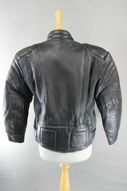 BRITISH DESIGNED & STYLED RHINO BLACK COWHIDE LEATHER BIKER JACKET: SIZE 12