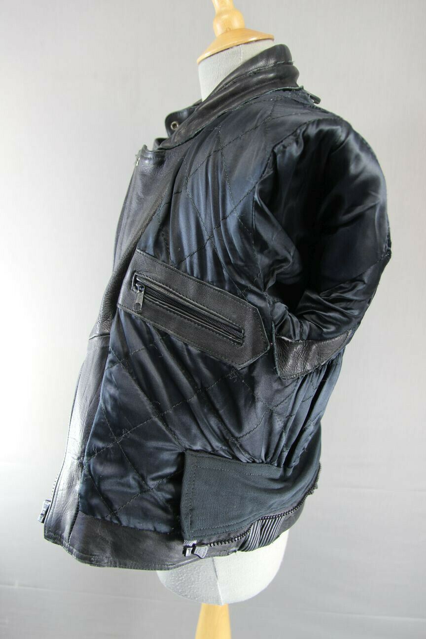 BRITISH DESIGNED & STYLED RHINO BLACK COWHIDE LEATHER BIKER JACKET: SIZE 12