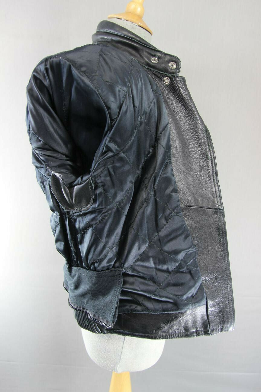 BRITISH DESIGNED & STYLED RHINO BLACK COWHIDE LEATHER BIKER JACKET: SIZE 12